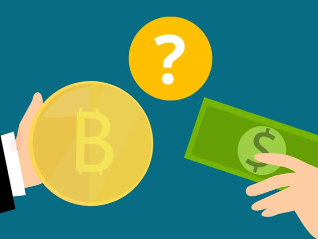Flat illustration of exchanging bitcoin for cash banknotes